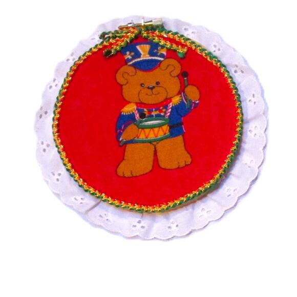 Artist Made Ornaments Christmas Bears Round 5 Inches Fabric Lace Braid Set of 5 - Picture 2 of 7